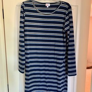 LuLaRoe EUC Size L Blue/Black Striped Debbie Dress